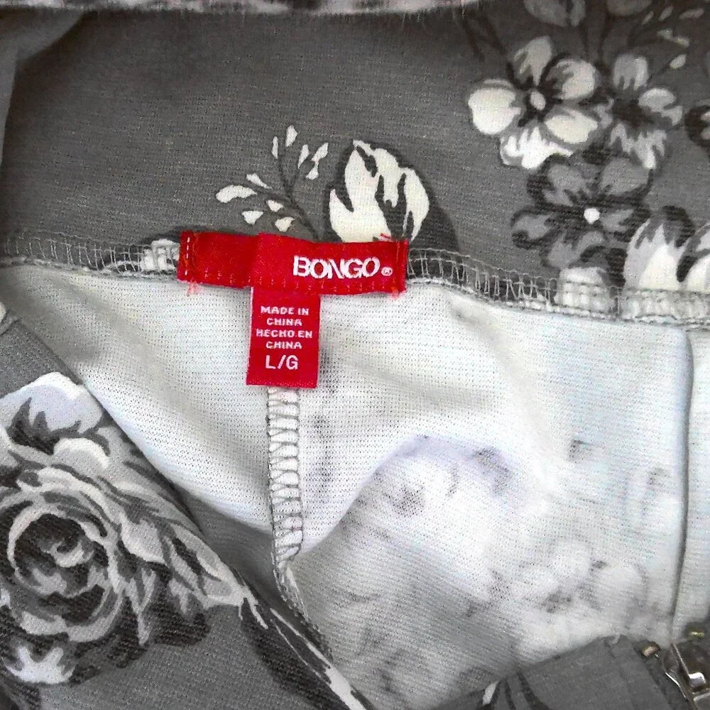 New Bongo Floral Leggings Front Zip Soft Black Gray & White Stretch NWT Sz L